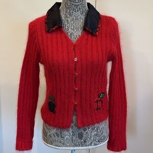 Teachers Red Cardigan Sweater Apple Patches Mohair Wool Blend Made in Italy
